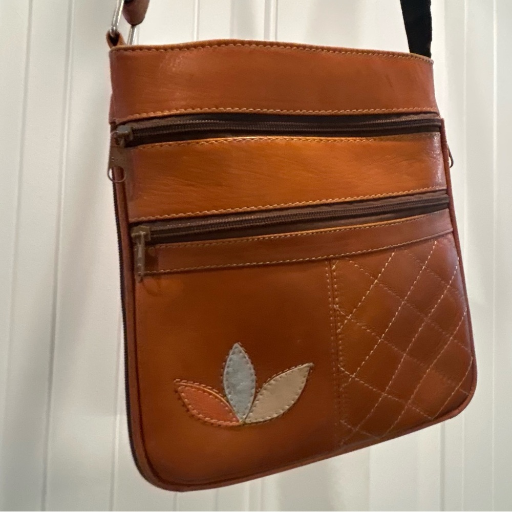 Boho Leather Crossbody Bag Messenger Style Decorative Stitching & Sewn Accent